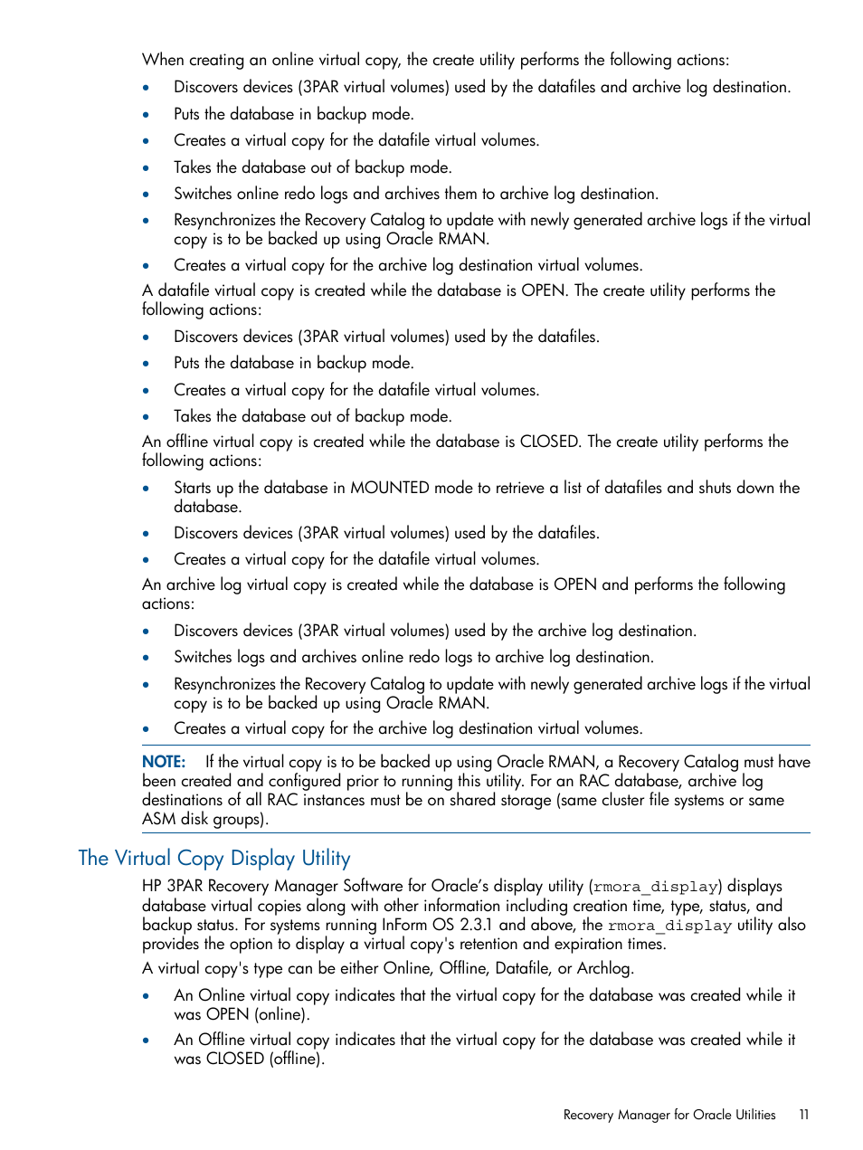 The virtual copy display utility | HP 3PAR Application Software Suite for Oracle User Manual | Page 11 / 194