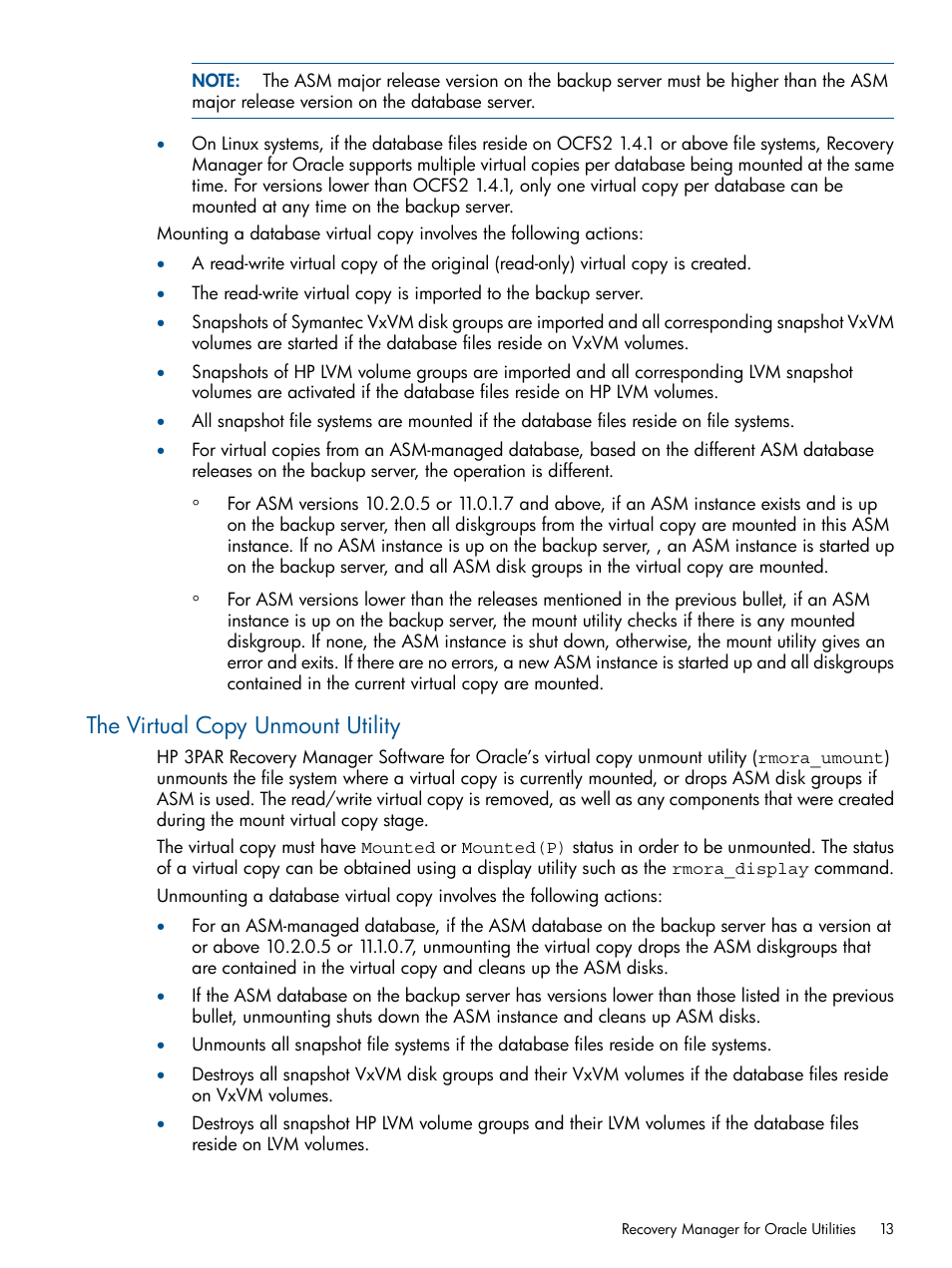 The virtual copy unmount utility | HP 3PAR Application Software Suite for Oracle User Manual | Page 13 / 194