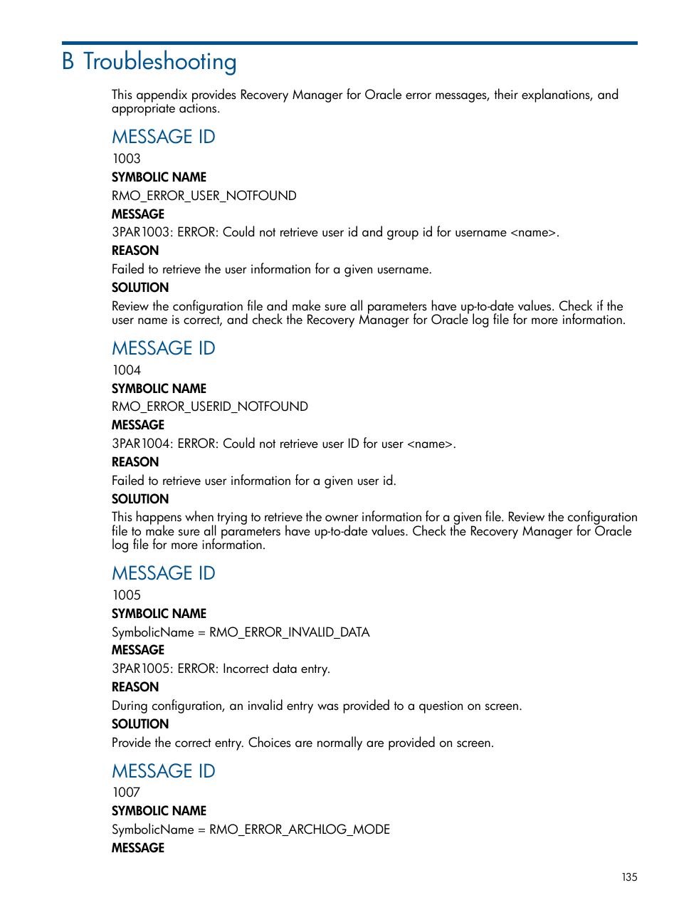 B troubleshooting, Message id | HP 3PAR Application Software Suite for Oracle User Manual | Page 135 / 194