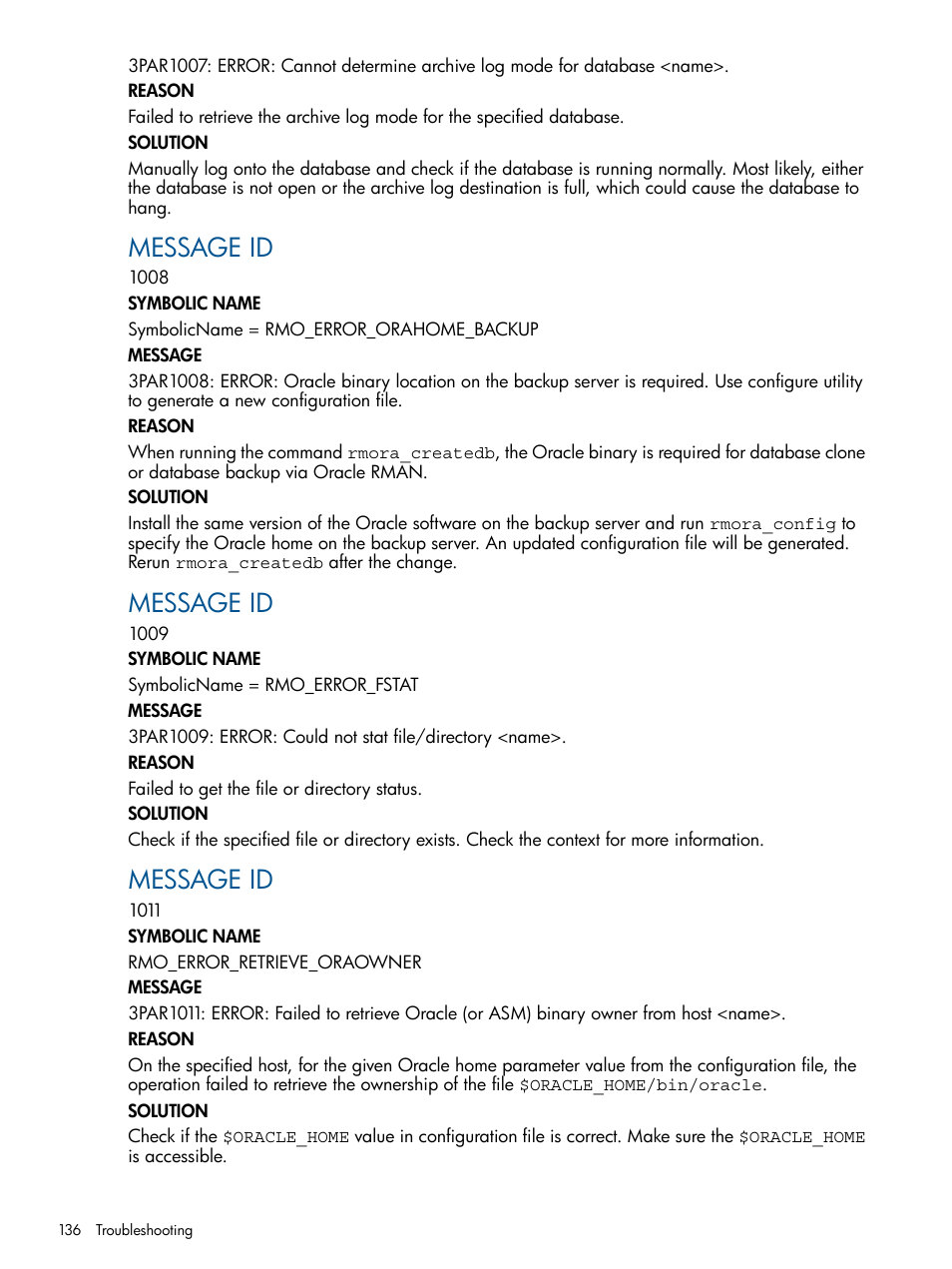 Message id | HP 3PAR Application Software Suite for Oracle User Manual | Page 136 / 194