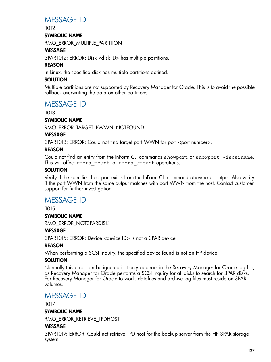 Message id | HP 3PAR Application Software Suite for Oracle User Manual | Page 137 / 194