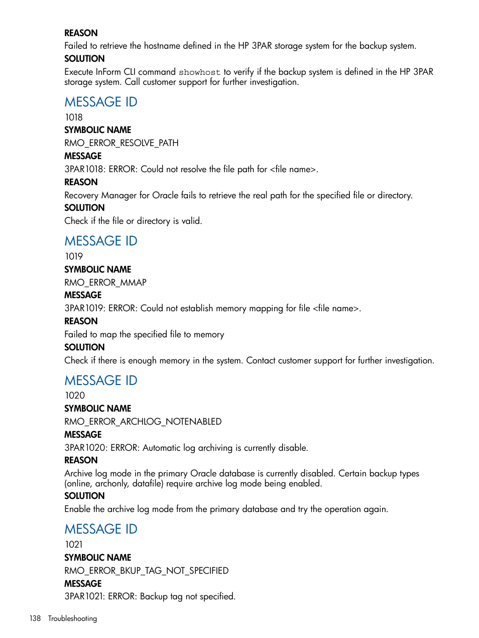 Message id | HP 3PAR Application Software Suite for Oracle User Manual | Page 138 / 194