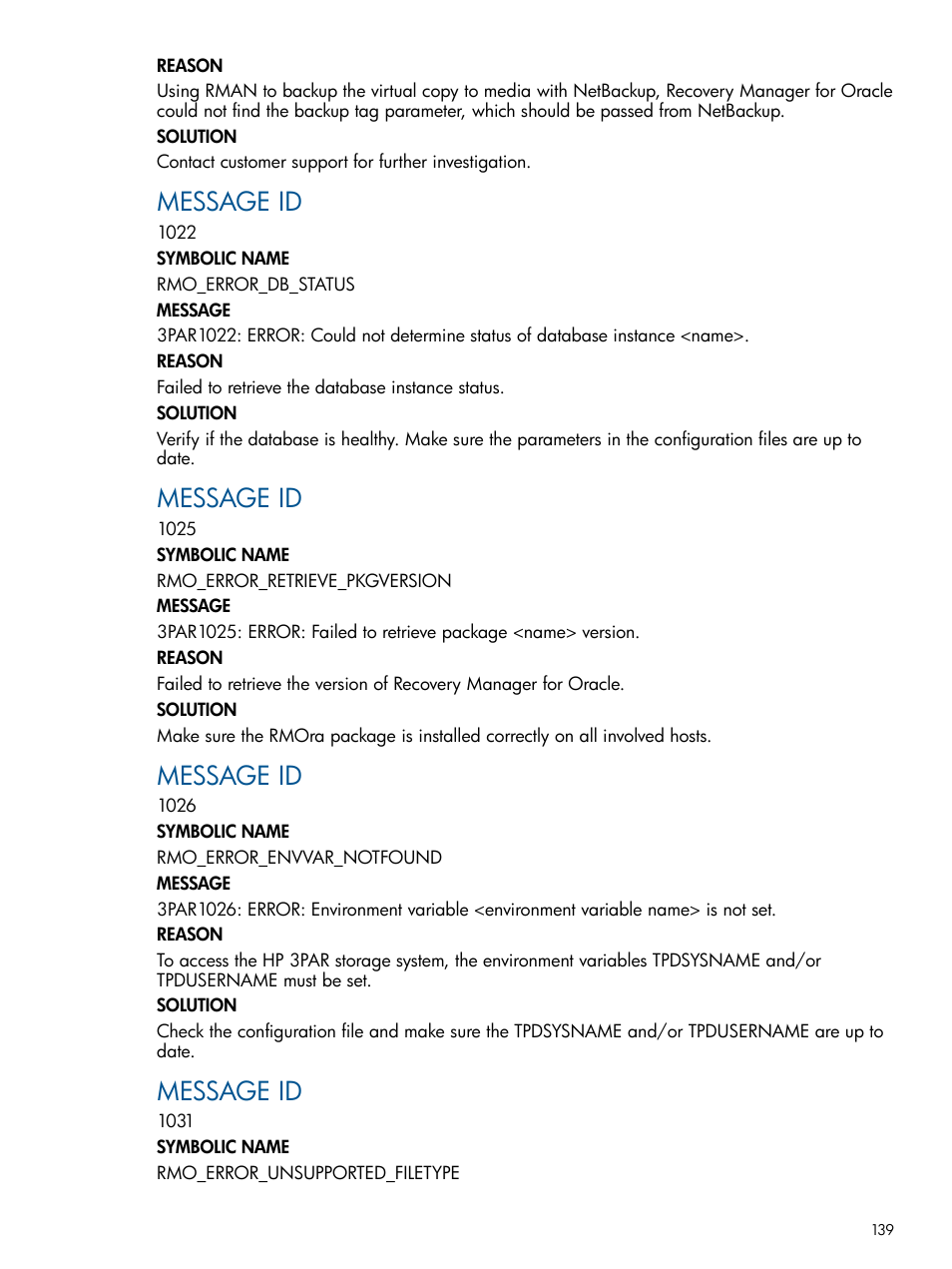 Message id | HP 3PAR Application Software Suite for Oracle User Manual | Page 139 / 194