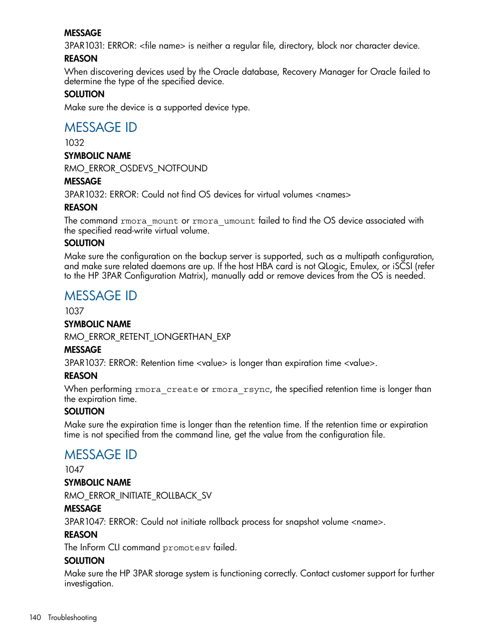 Message id | HP 3PAR Application Software Suite for Oracle User Manual | Page 140 / 194