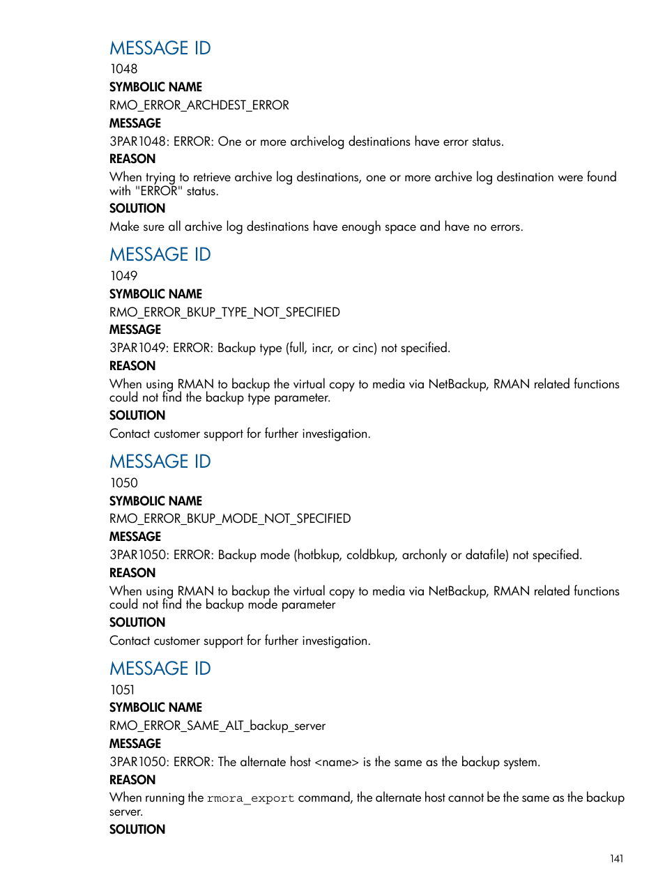 Message id | HP 3PAR Application Software Suite for Oracle User Manual | Page 141 / 194