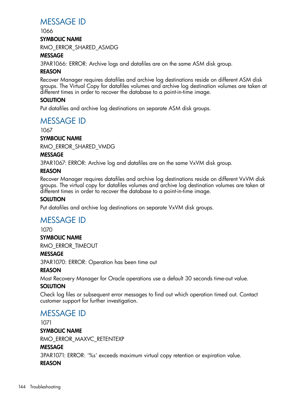 Message id | HP 3PAR Application Software Suite for Oracle User Manual | Page 144 / 194