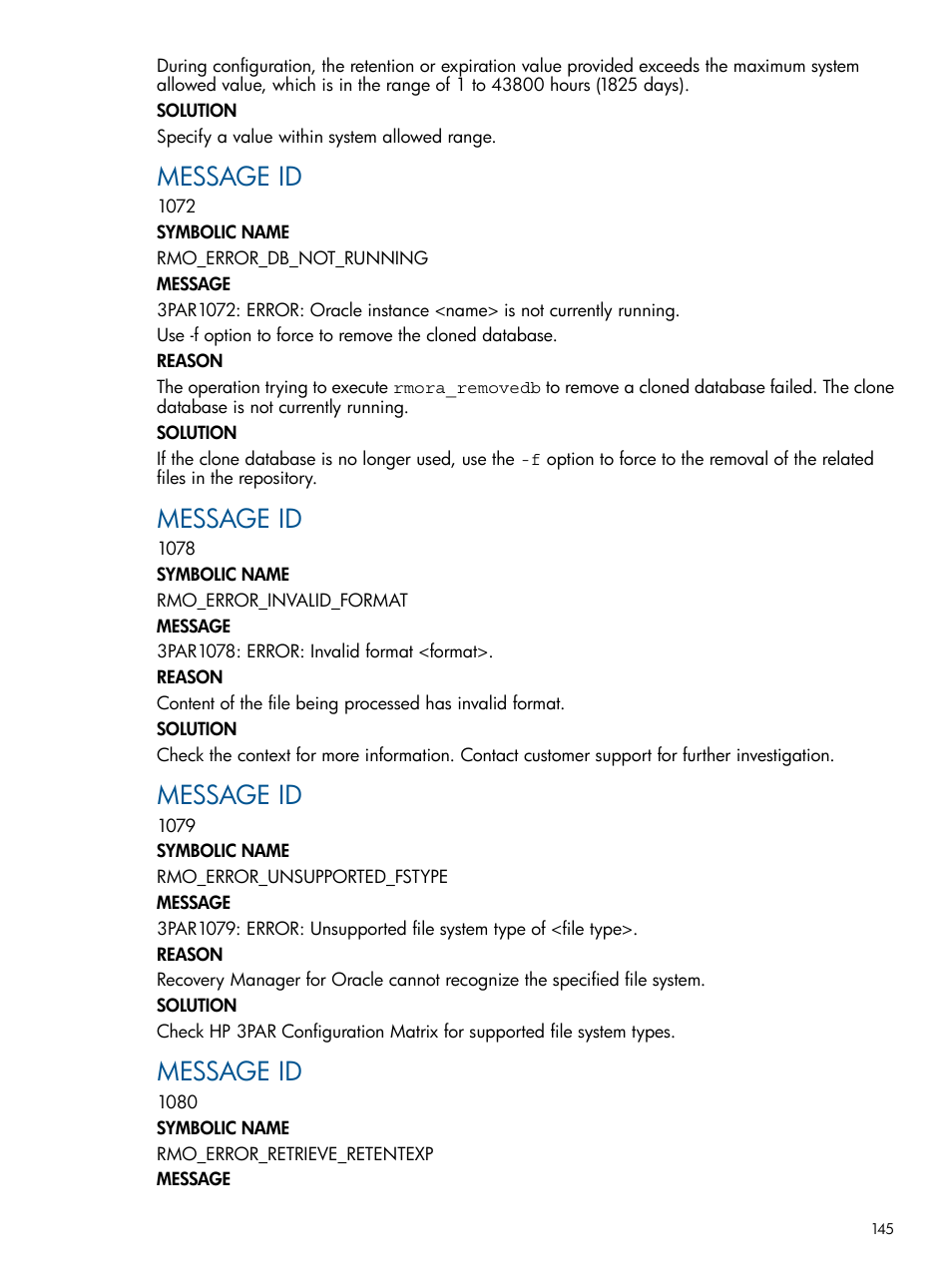 Message id | HP 3PAR Application Software Suite for Oracle User Manual | Page 145 / 194