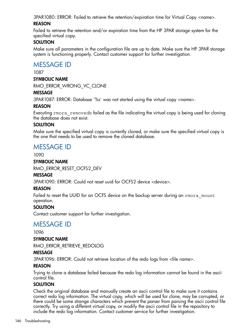 Message id | HP 3PAR Application Software Suite for Oracle User Manual | Page 146 / 194