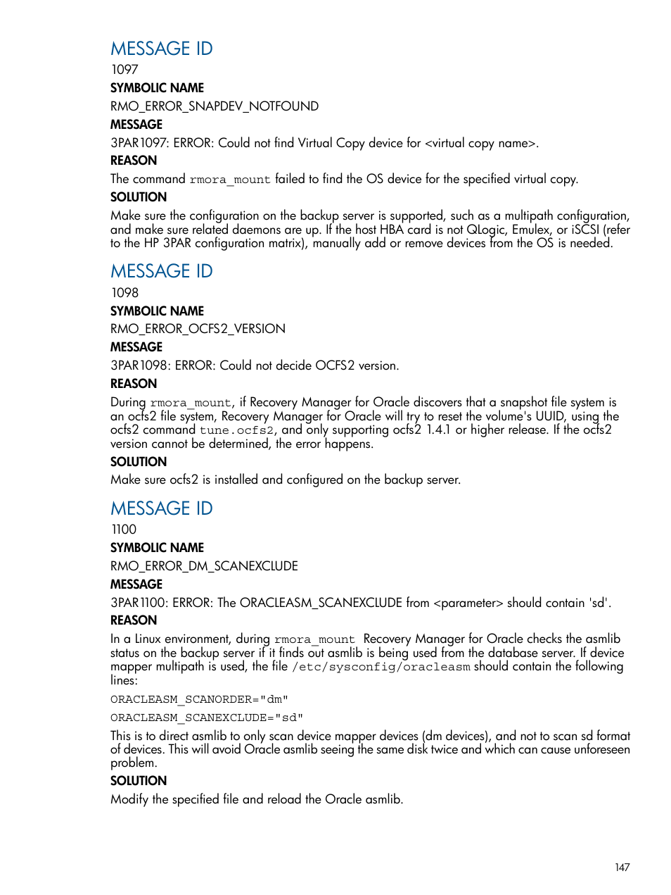 Message id | HP 3PAR Application Software Suite for Oracle User Manual | Page 147 / 194