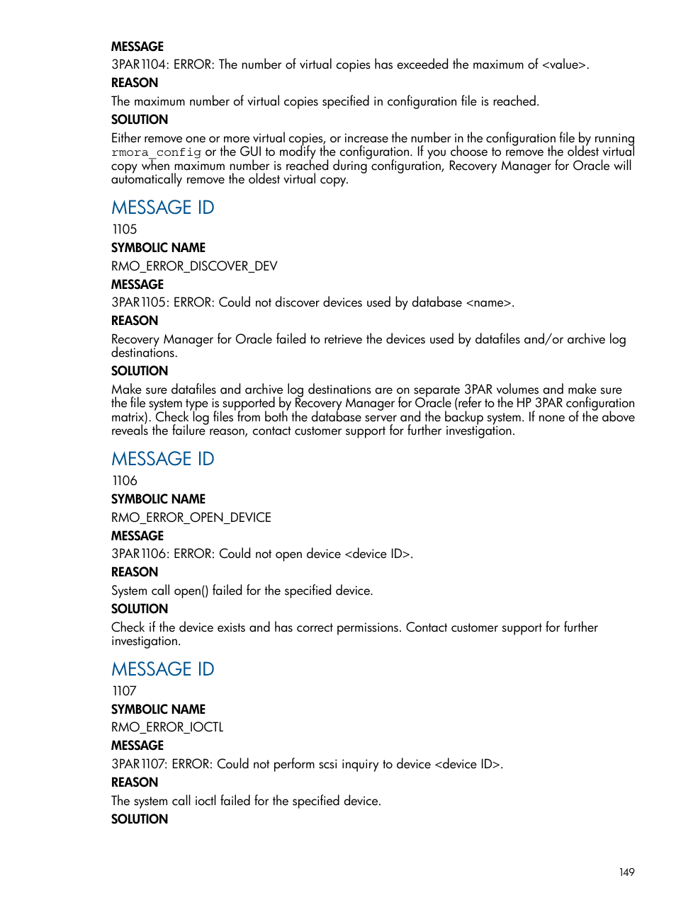Message id | HP 3PAR Application Software Suite for Oracle User Manual | Page 149 / 194