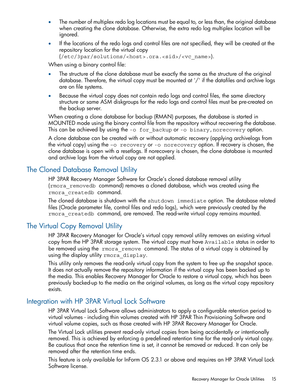 The cloned database removal utility, The virtual copy removal utility, Integration with hp 3par virtual lock software | HP 3PAR Application Software Suite for Oracle User Manual | Page 15 / 194