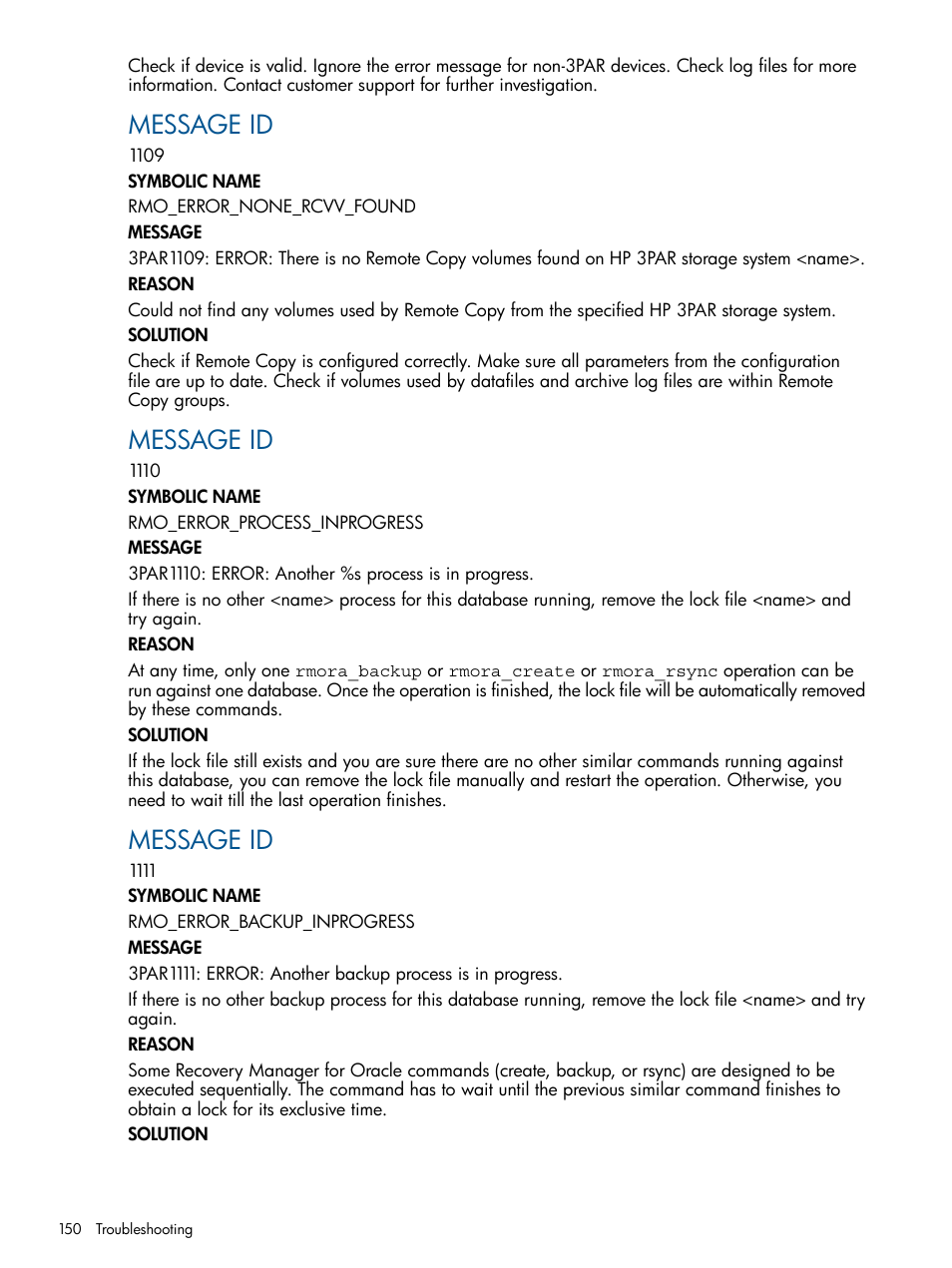 Message id | HP 3PAR Application Software Suite for Oracle User Manual | Page 150 / 194