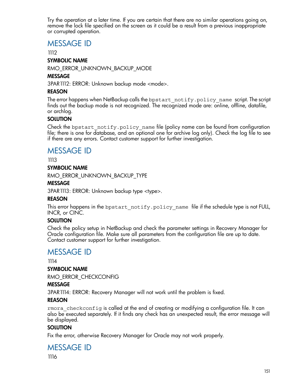 Message id | HP 3PAR Application Software Suite for Oracle User Manual | Page 151 / 194