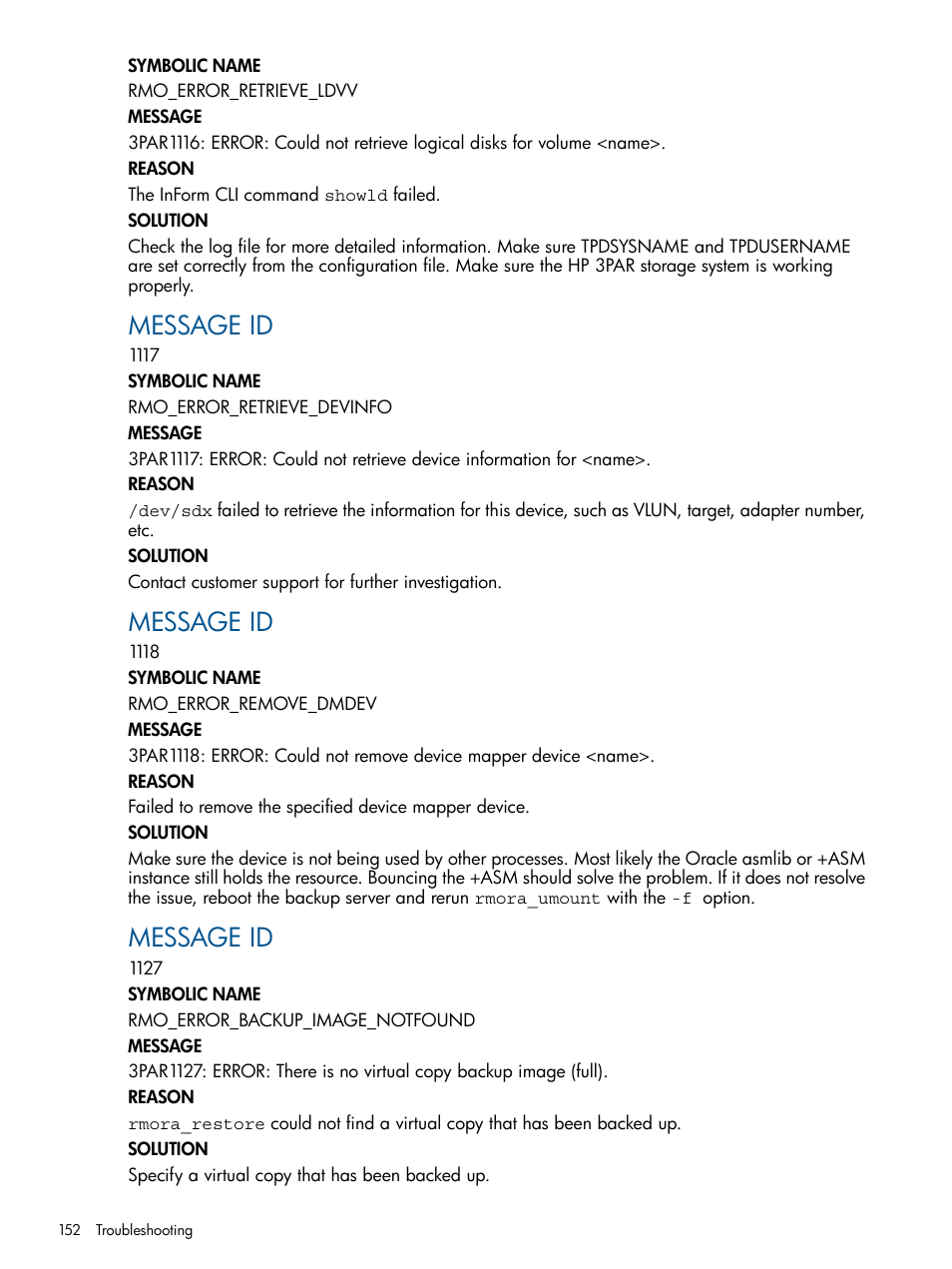 Message id | HP 3PAR Application Software Suite for Oracle User Manual | Page 152 / 194