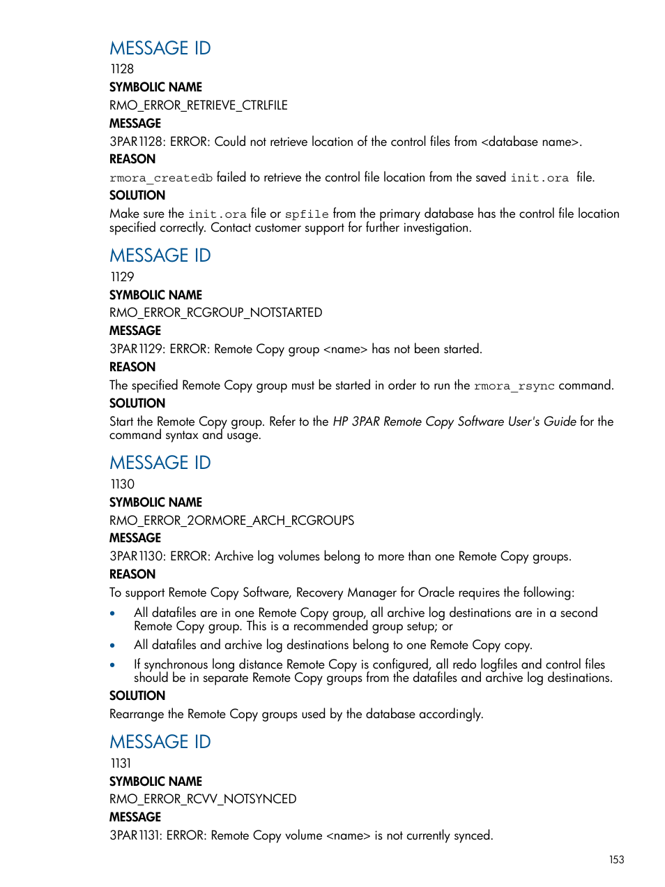 Message id | HP 3PAR Application Software Suite for Oracle User Manual | Page 153 / 194