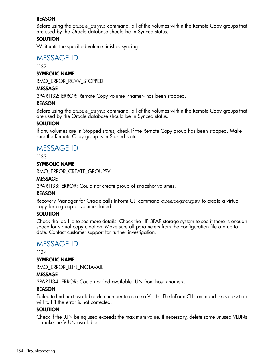 Message id | HP 3PAR Application Software Suite for Oracle User Manual | Page 154 / 194