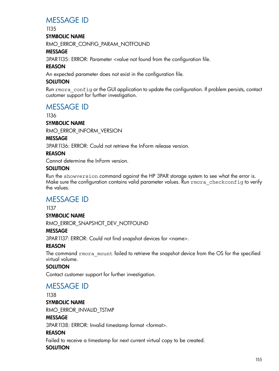 Message id | HP 3PAR Application Software Suite for Oracle User Manual | Page 155 / 194