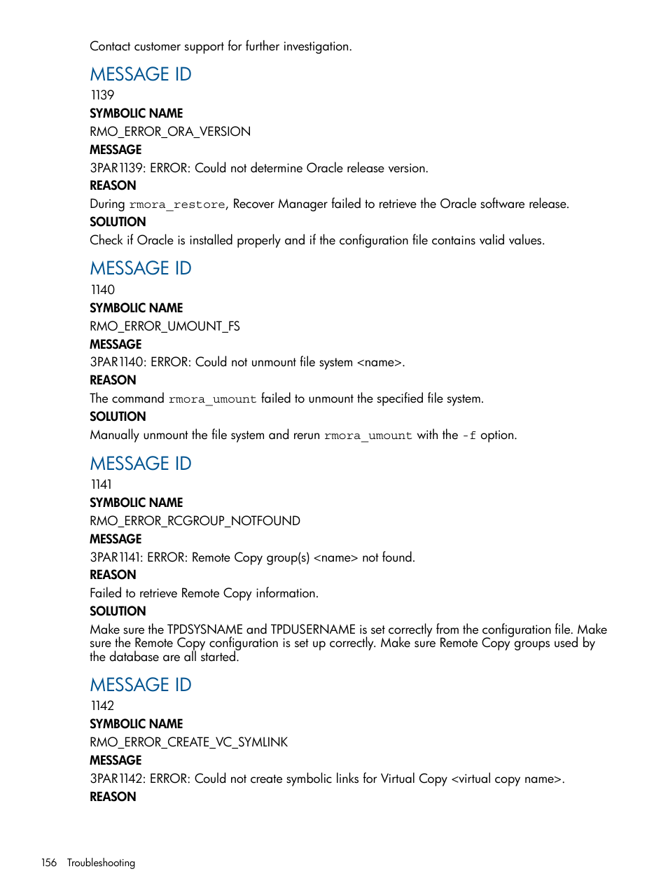 Message id | HP 3PAR Application Software Suite for Oracle User Manual | Page 156 / 194