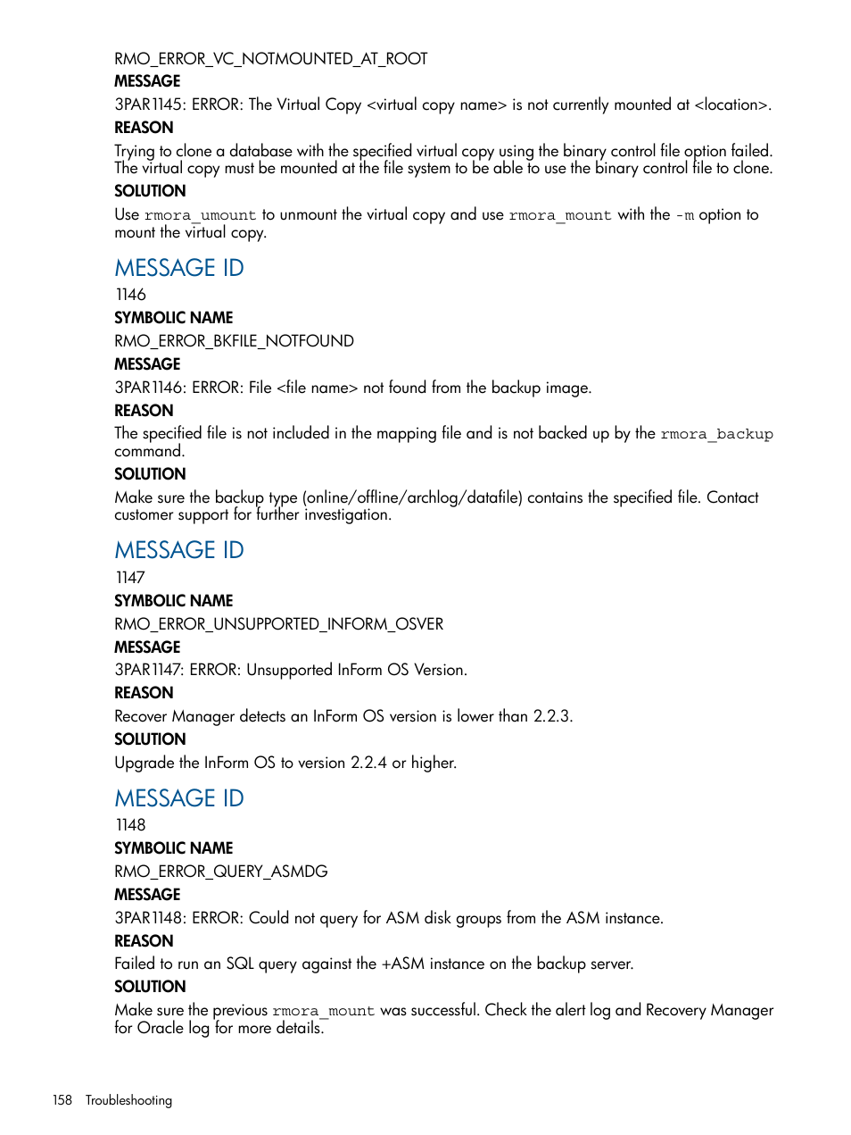 Message id | HP 3PAR Application Software Suite for Oracle User Manual | Page 158 / 194