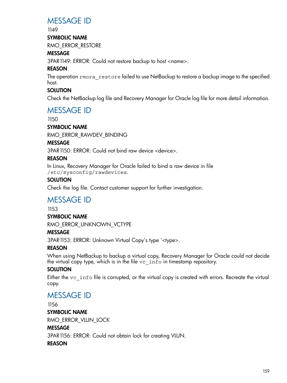 Message id | HP 3PAR Application Software Suite for Oracle User Manual | Page 159 / 194