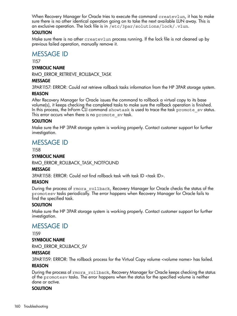 Message id | HP 3PAR Application Software Suite for Oracle User Manual | Page 160 / 194