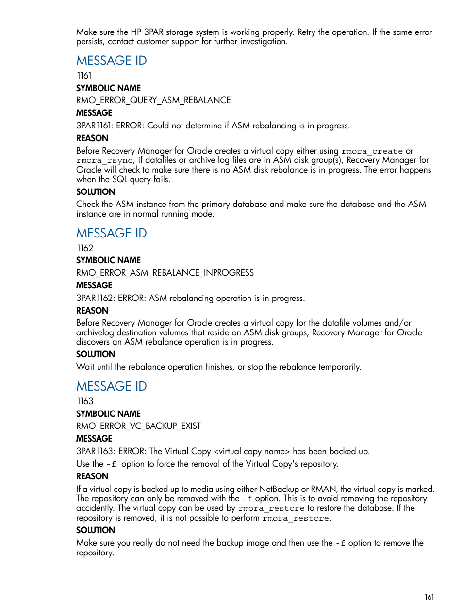 Message id | HP 3PAR Application Software Suite for Oracle User Manual | Page 161 / 194