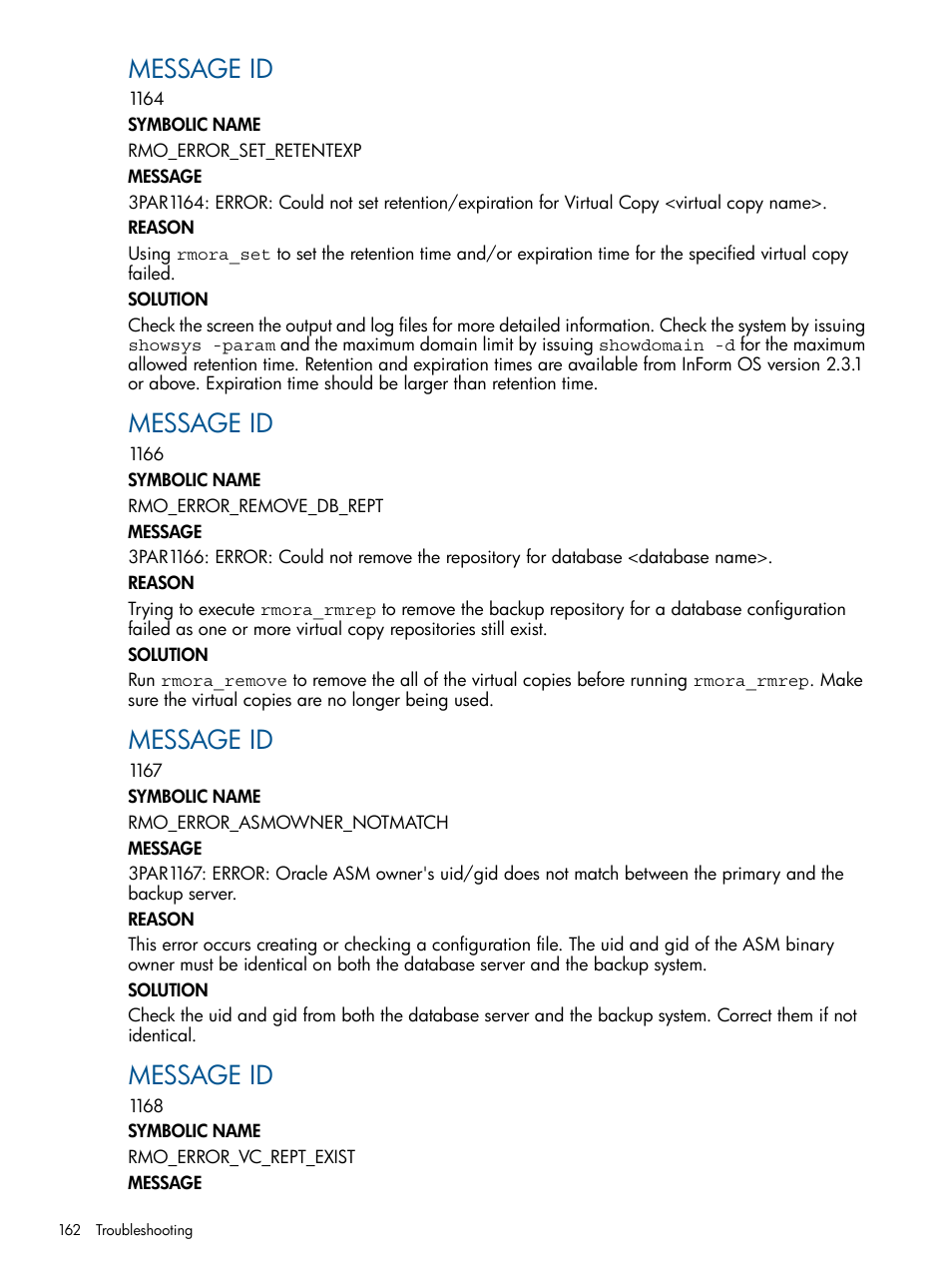 Message id | HP 3PAR Application Software Suite for Oracle User Manual | Page 162 / 194
