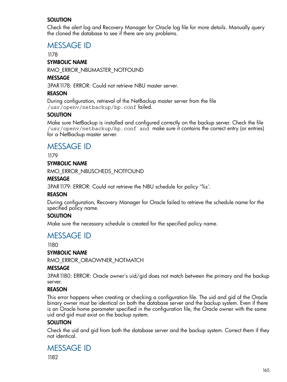 Message id | HP 3PAR Application Software Suite for Oracle User Manual | Page 165 / 194