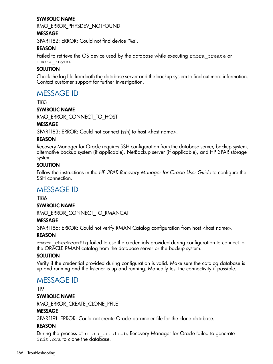 Message id | HP 3PAR Application Software Suite for Oracle User Manual | Page 166 / 194