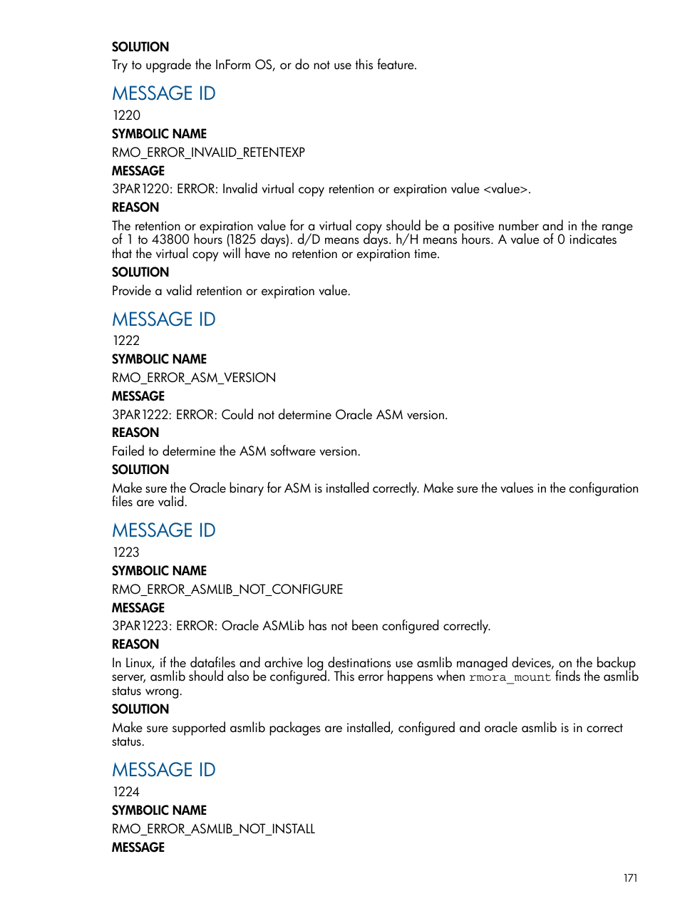 Message id | HP 3PAR Application Software Suite for Oracle User Manual | Page 171 / 194