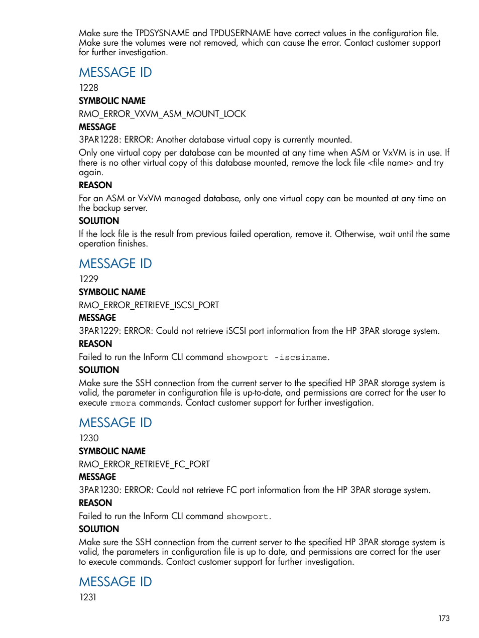 Message id | HP 3PAR Application Software Suite for Oracle User Manual | Page 173 / 194