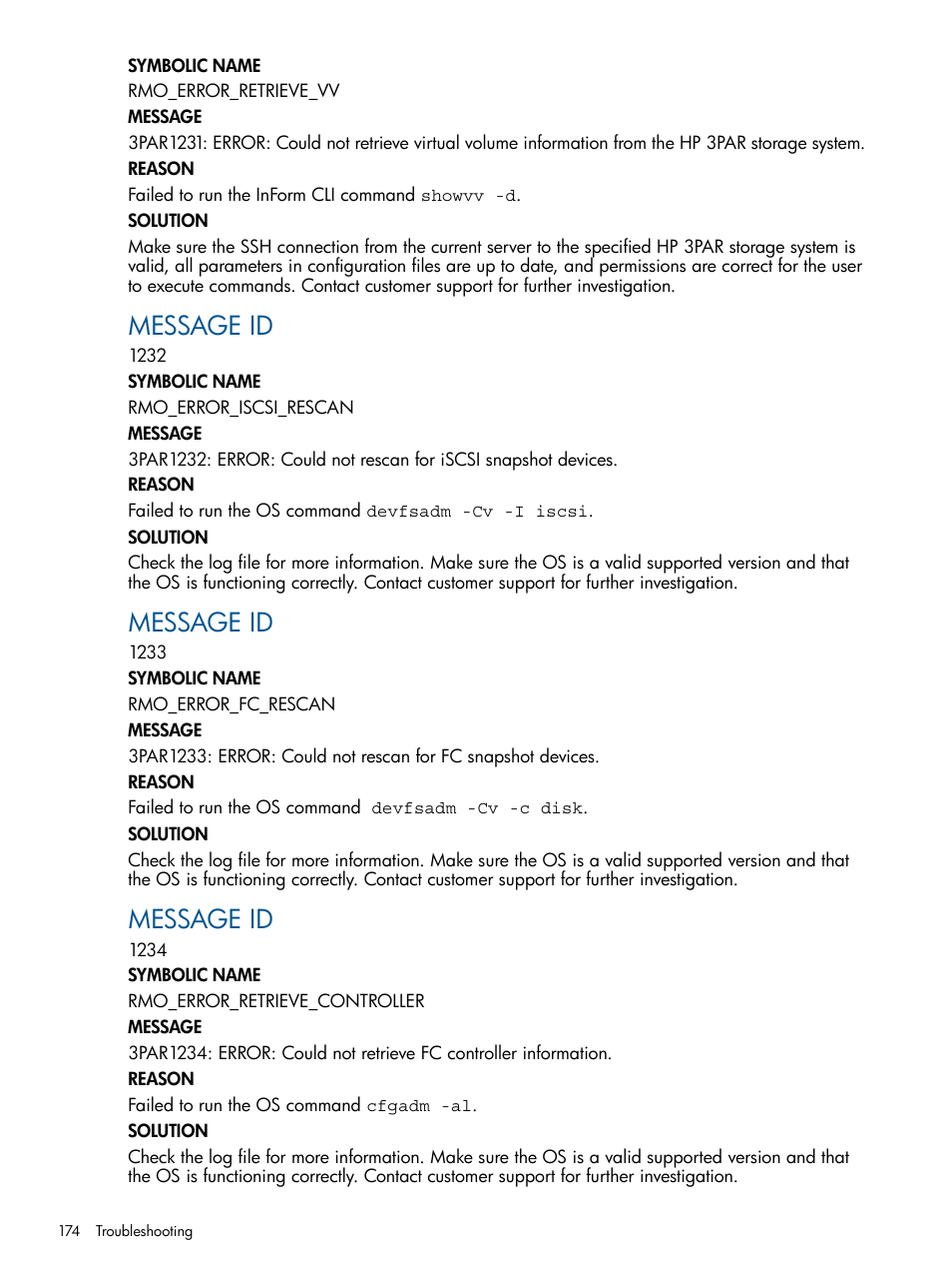 Message id | HP 3PAR Application Software Suite for Oracle User Manual | Page 174 / 194
