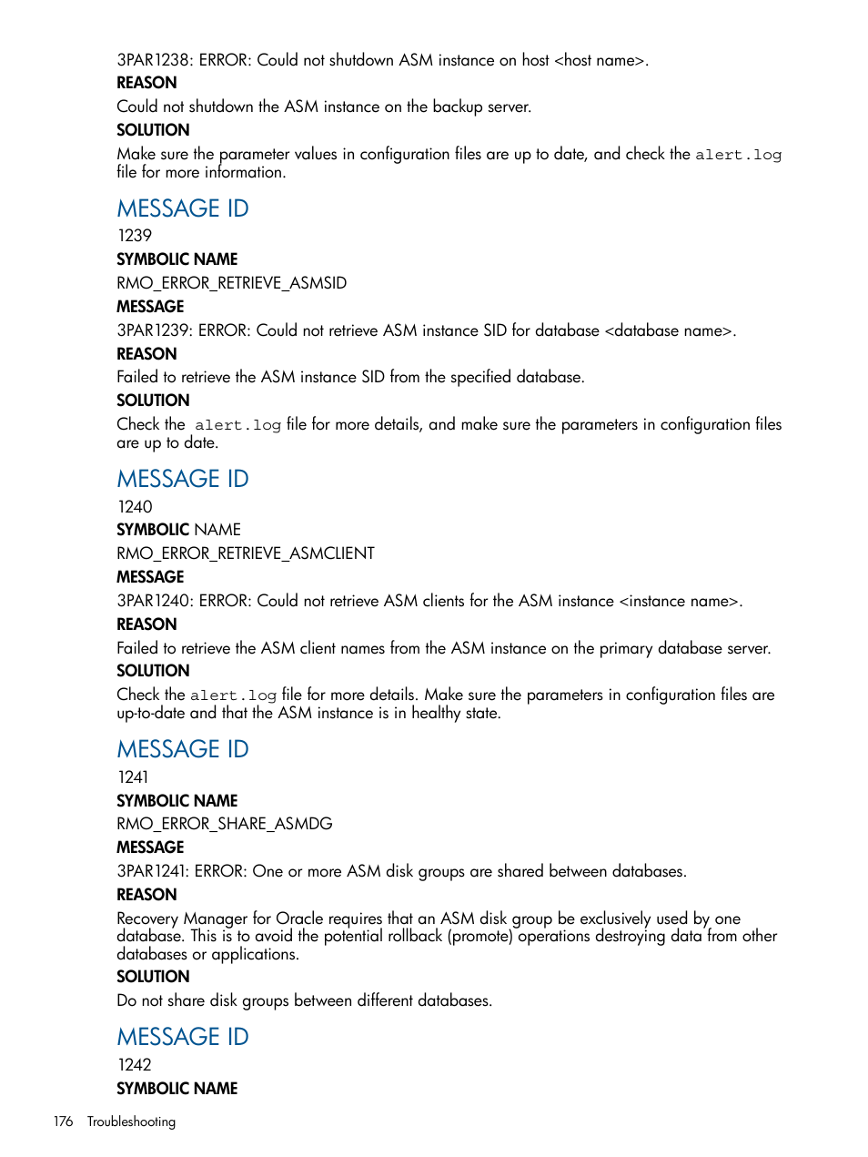 Message id | HP 3PAR Application Software Suite for Oracle User Manual | Page 176 / 194