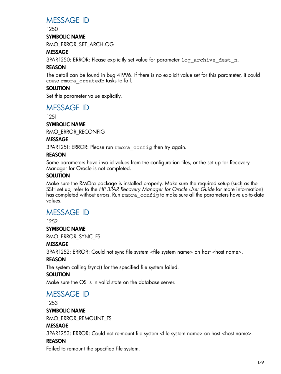 Message id | HP 3PAR Application Software Suite for Oracle User Manual | Page 179 / 194