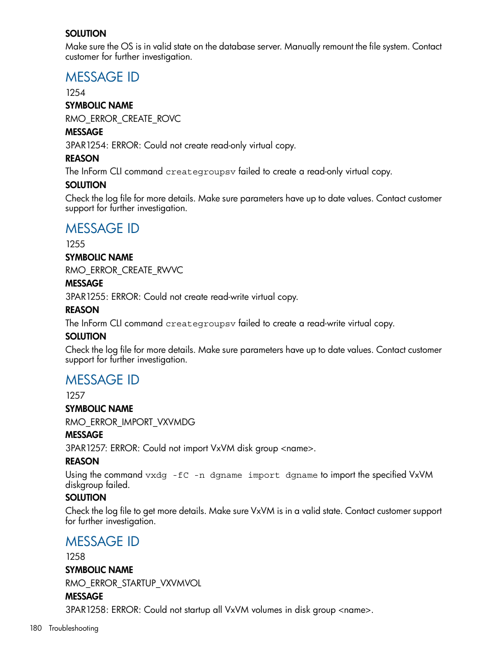 Message id | HP 3PAR Application Software Suite for Oracle User Manual | Page 180 / 194