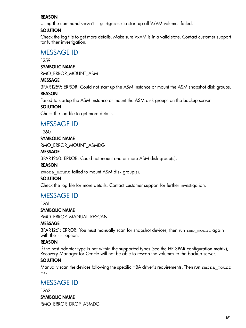 Message id | HP 3PAR Application Software Suite for Oracle User Manual | Page 181 / 194