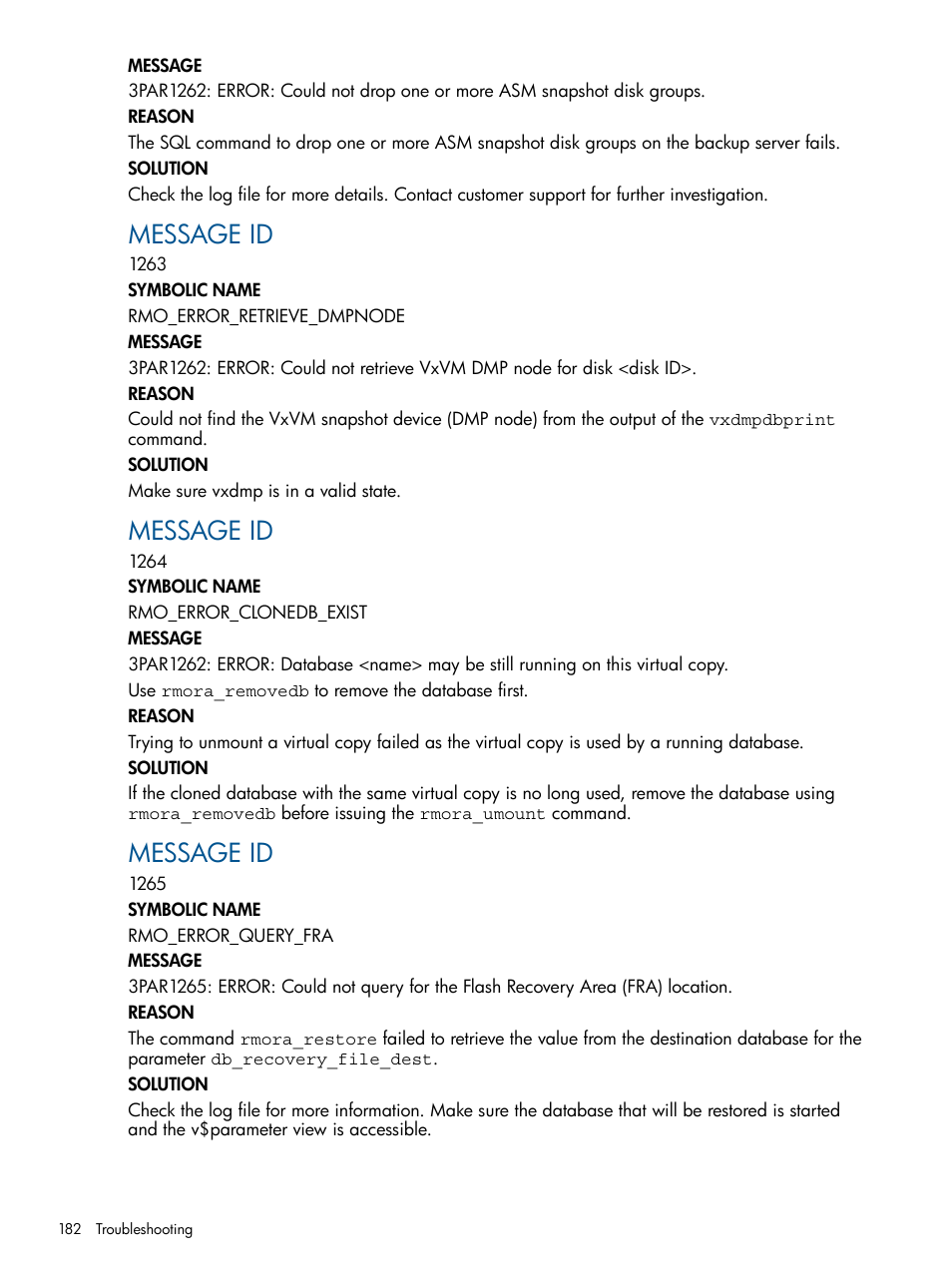 Message id | HP 3PAR Application Software Suite for Oracle User Manual | Page 182 / 194