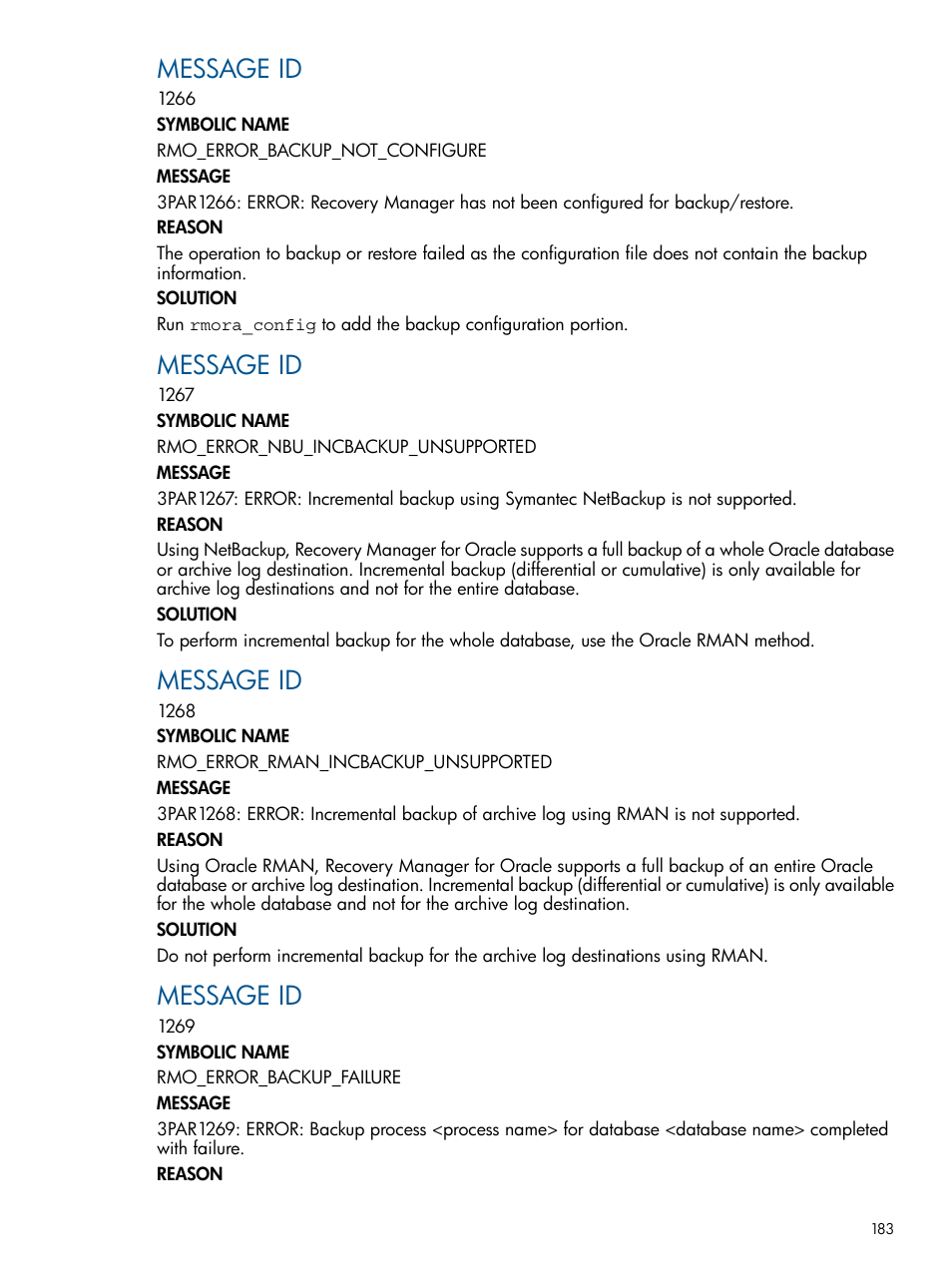 Message id | HP 3PAR Application Software Suite for Oracle User Manual | Page 183 / 194