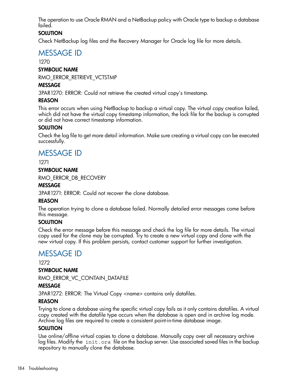 Message id | HP 3PAR Application Software Suite for Oracle User Manual | Page 184 / 194