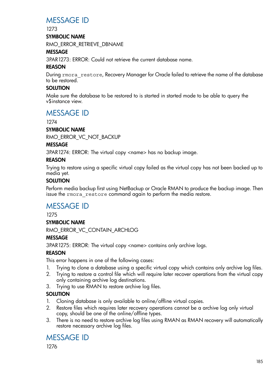 Message id | HP 3PAR Application Software Suite for Oracle User Manual | Page 185 / 194