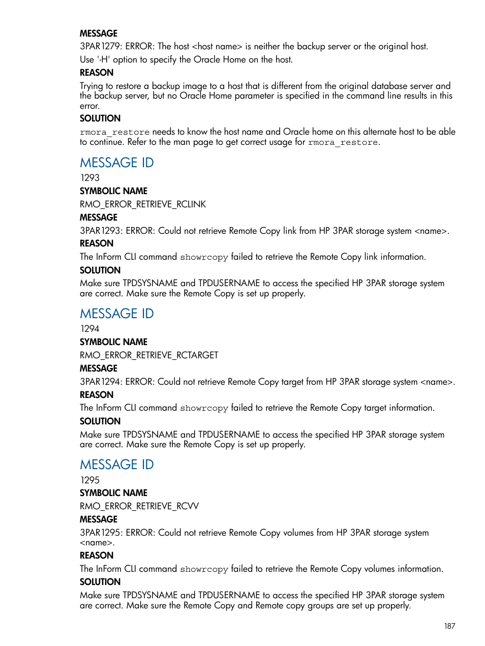 Message id | HP 3PAR Application Software Suite for Oracle User Manual | Page 187 / 194