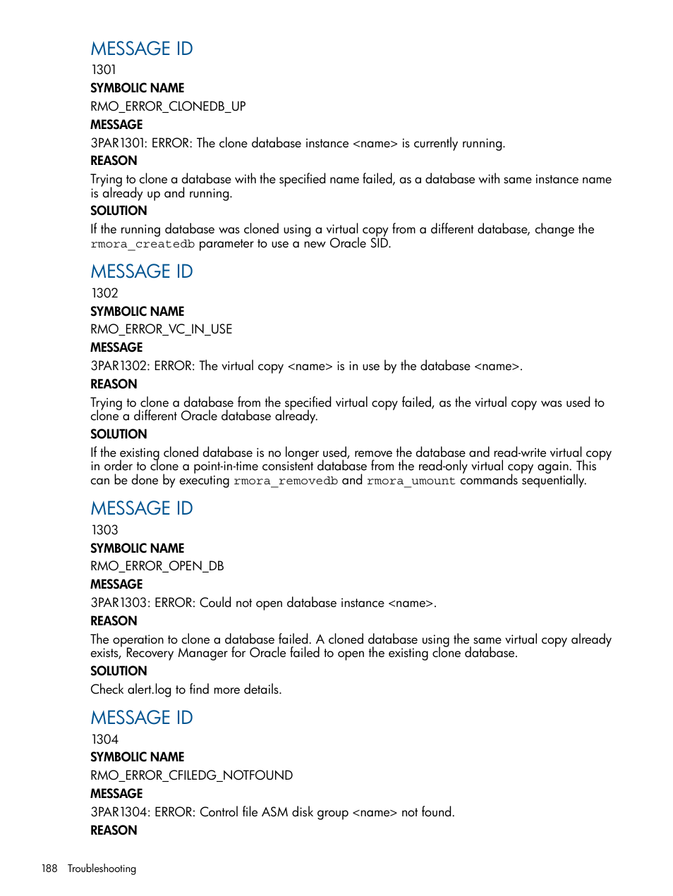 Message id | HP 3PAR Application Software Suite for Oracle User Manual | Page 188 / 194