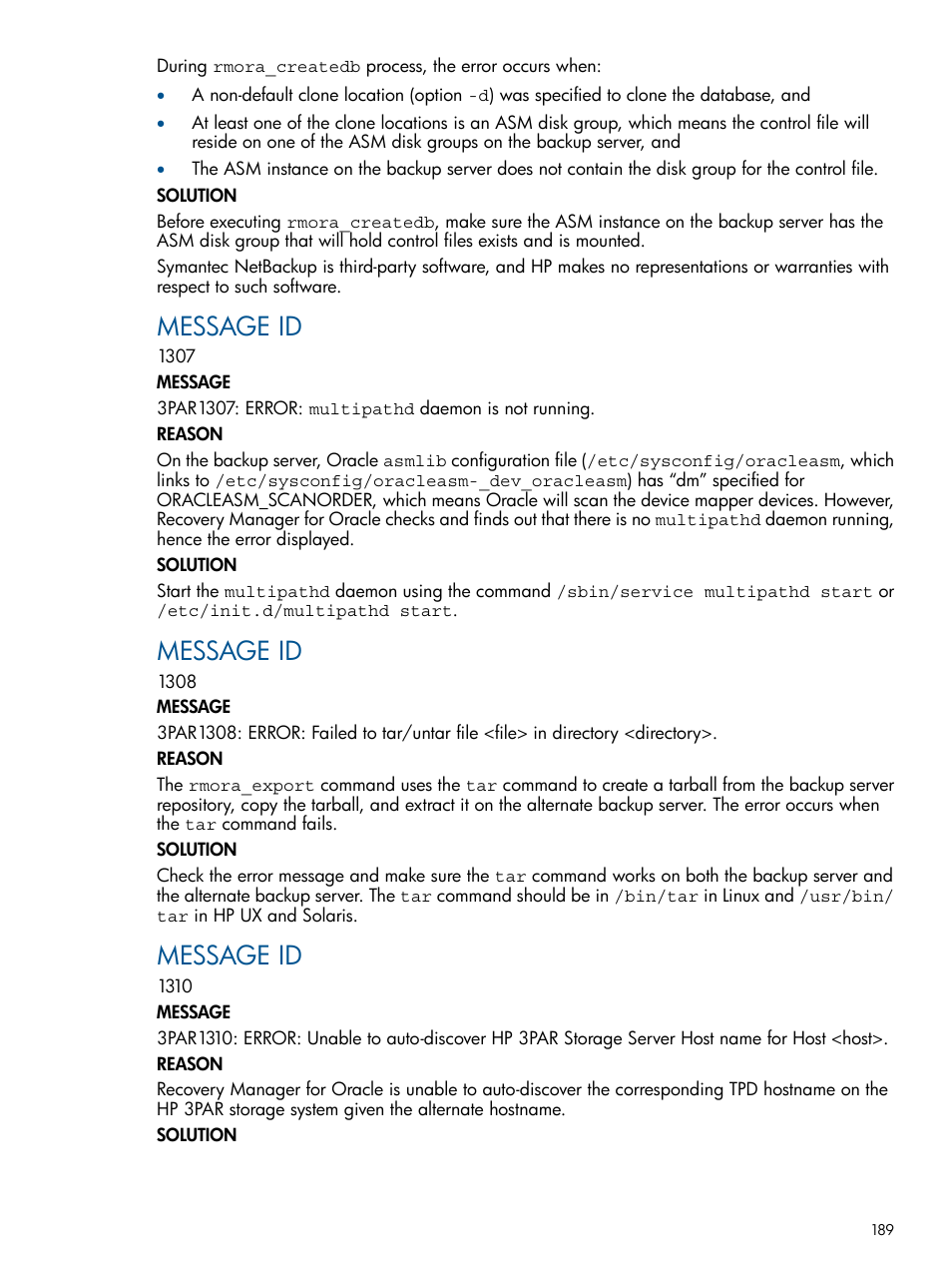 Message id | HP 3PAR Application Software Suite for Oracle User Manual | Page 189 / 194