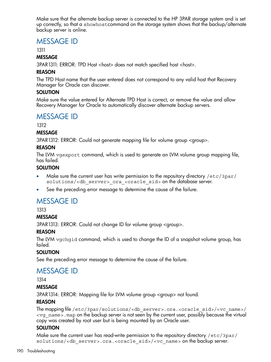 Message id | HP 3PAR Application Software Suite for Oracle User Manual | Page 190 / 194