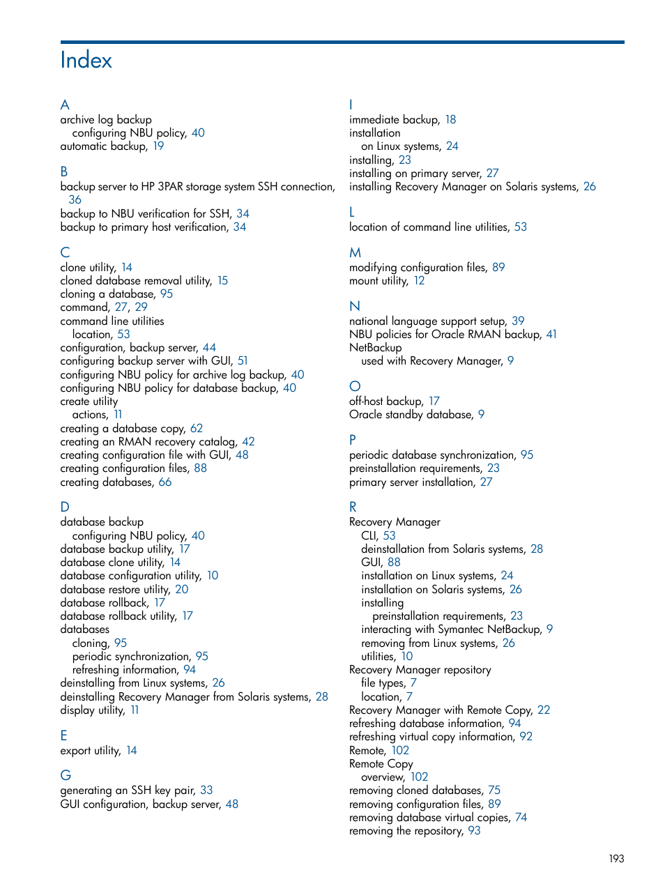 Index | HP 3PAR Application Software Suite for Oracle User Manual | Page 193 / 194