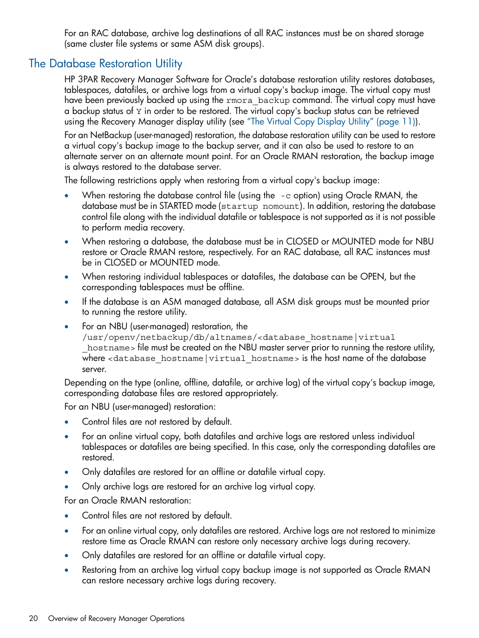 The database restoration utility | HP 3PAR Application Software Suite for Oracle User Manual | Page 20 / 194