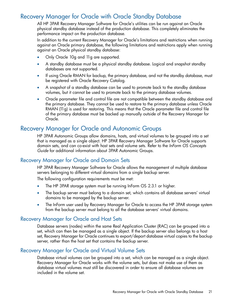 Recovery manager for oracle and autonomic groups, Recovery manager for oracle and domain sets, Recovery manager for oracle and host sets | HP 3PAR Application Software Suite for Oracle User Manual | Page 21 / 194