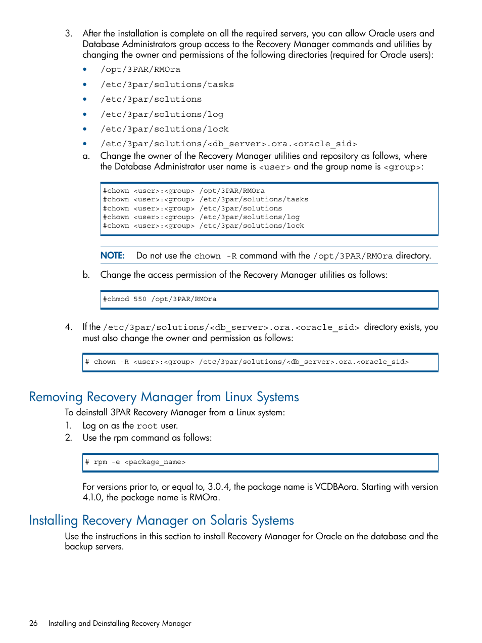 Removing recovery manager from linux systems, Installing recovery manager on solaris systems | HP 3PAR Application Software Suite for Oracle User Manual | Page 26 / 194