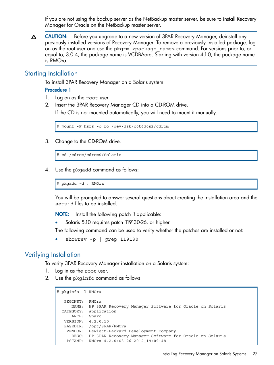 Starting installation, Verifying installation, Starting installation verifying installation | HP 3PAR Application Software Suite for Oracle User Manual | Page 27 / 194