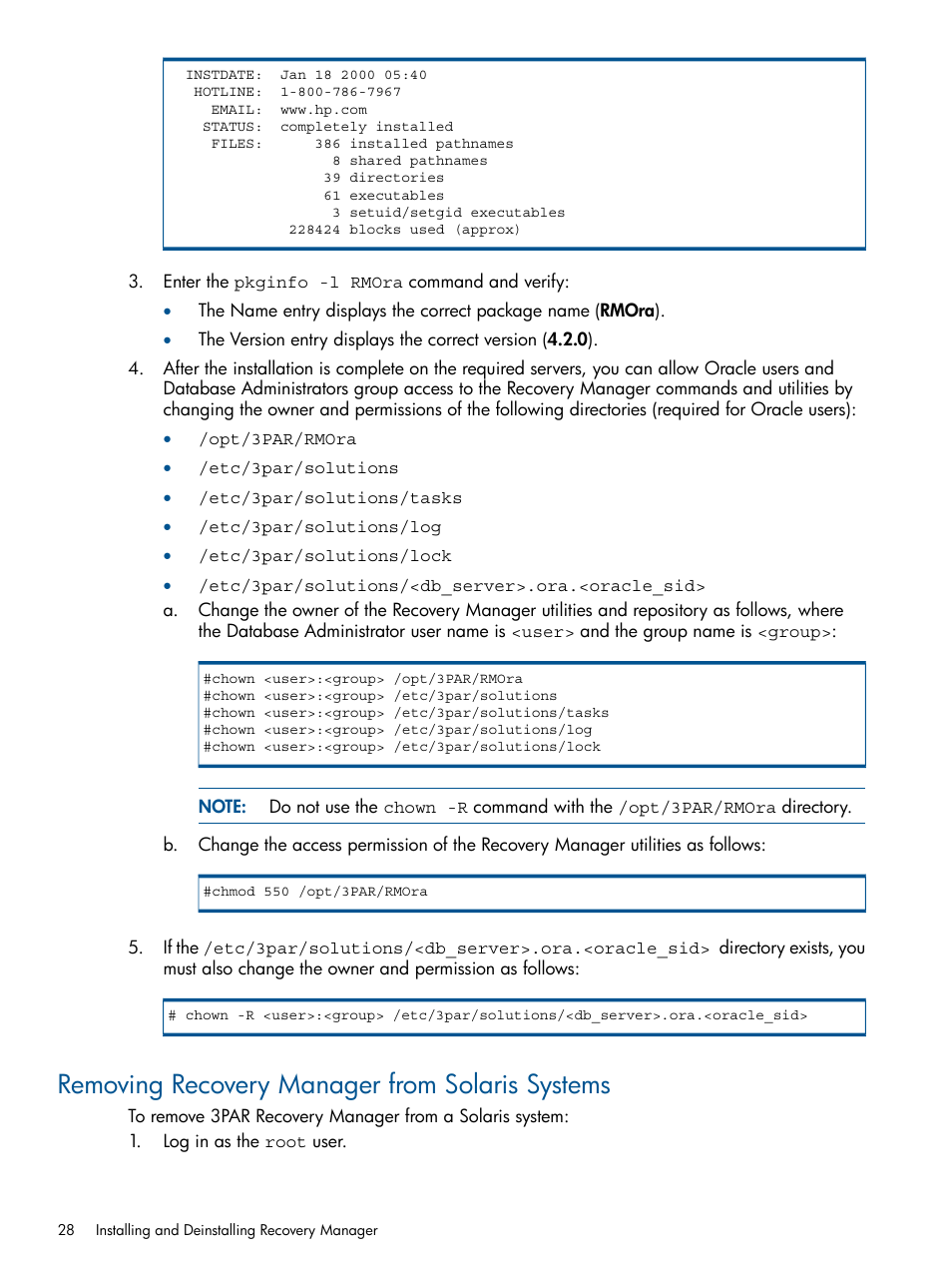 Removing recovery manager from solaris systems | HP 3PAR Application Software Suite for Oracle User Manual | Page 28 / 194